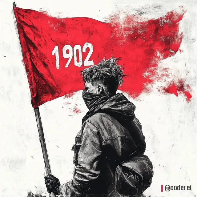 Gemaltes Bild eines Jugendlichen mit Schal vor dem Gesicht und Rucksack, der eine rote Fahne mit „1902“ trägt.