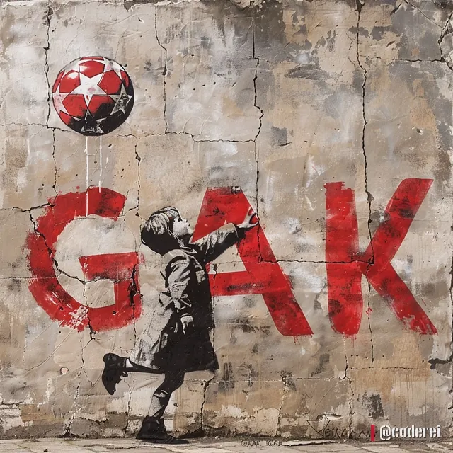 Mädchen wirft einen roten Ball in die Luft vor dem großen roten Schriftzug „GAK“ an einer rissigen Wand.