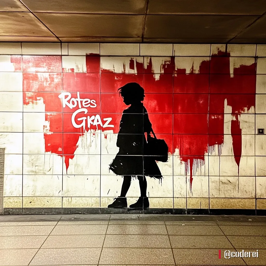 Silhouette eines Mädchens mit Schultasche vor einer roten Farbfläche auf heller Kachelwand, darauf „Rotes Graz“.