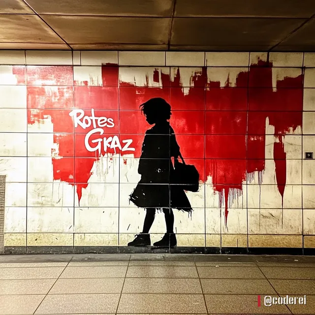 Silhouette eines Mädchens mit Schultasche vor einer roten Farbfläche auf heller Kachelwand, darauf „Rotes Graz“.