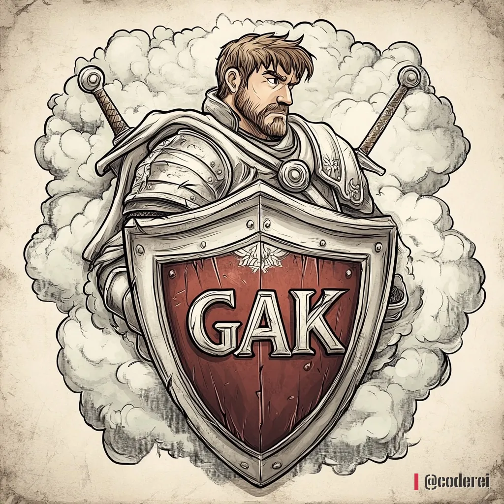 Gezeichneter Ritter in Rüstung mit zwei Schwertern auf dem Rücken hinter einem großen Schild mit „GAK“, umgeben von Wolken.