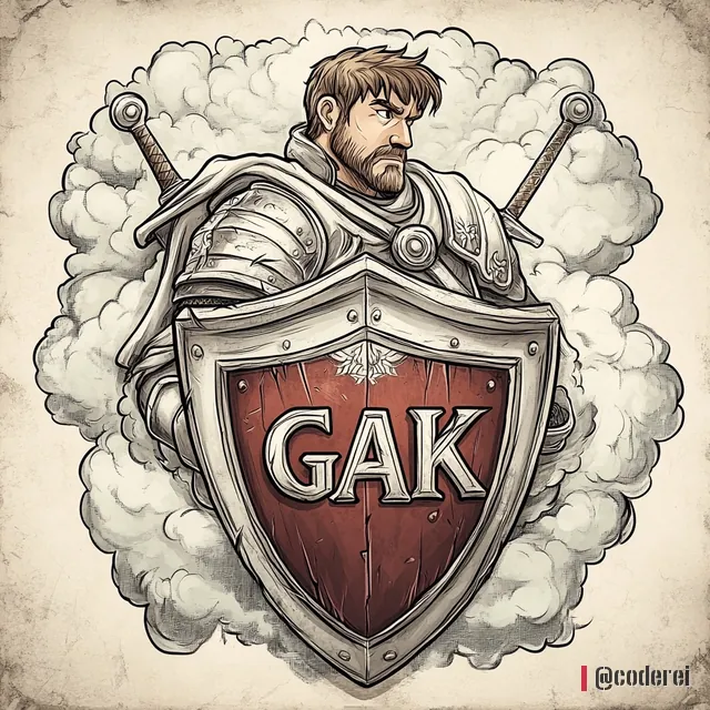 Gezeichneter Ritter in Rüstung mit zwei Schwertern auf dem Rücken hinter einem großen Schild mit „GAK“, umgeben von Wolken.