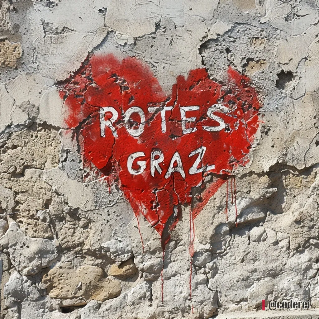 Rotes Herz mit „ROTES GRAZ“ auf einer rissigen, verputzten Wand.