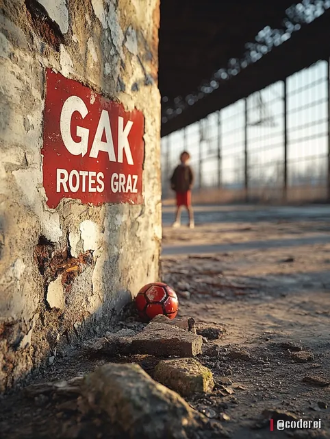 Fotorealistische Szene: Wandstück mit rotem Schild „GAK Rotes Graz“ an einer verwitterten Mauer, davor ein roter Ball, hinten ein Kind in einer Halle.