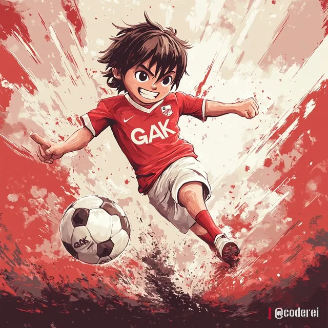Anime-Bub im roten Trikot mit „GAK“ schießt einen Fußball, im Hintergrund rote und weiße Pinselstriche.