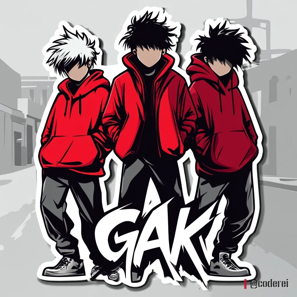 Drei Anime-Figuren mit roten Kapuzenpullis und Cap, die Gesichter im Schatten, vor ihnen der große Aufkleber-Schriftzug „GAK“ in Weiß, Schwarz und Rot.
