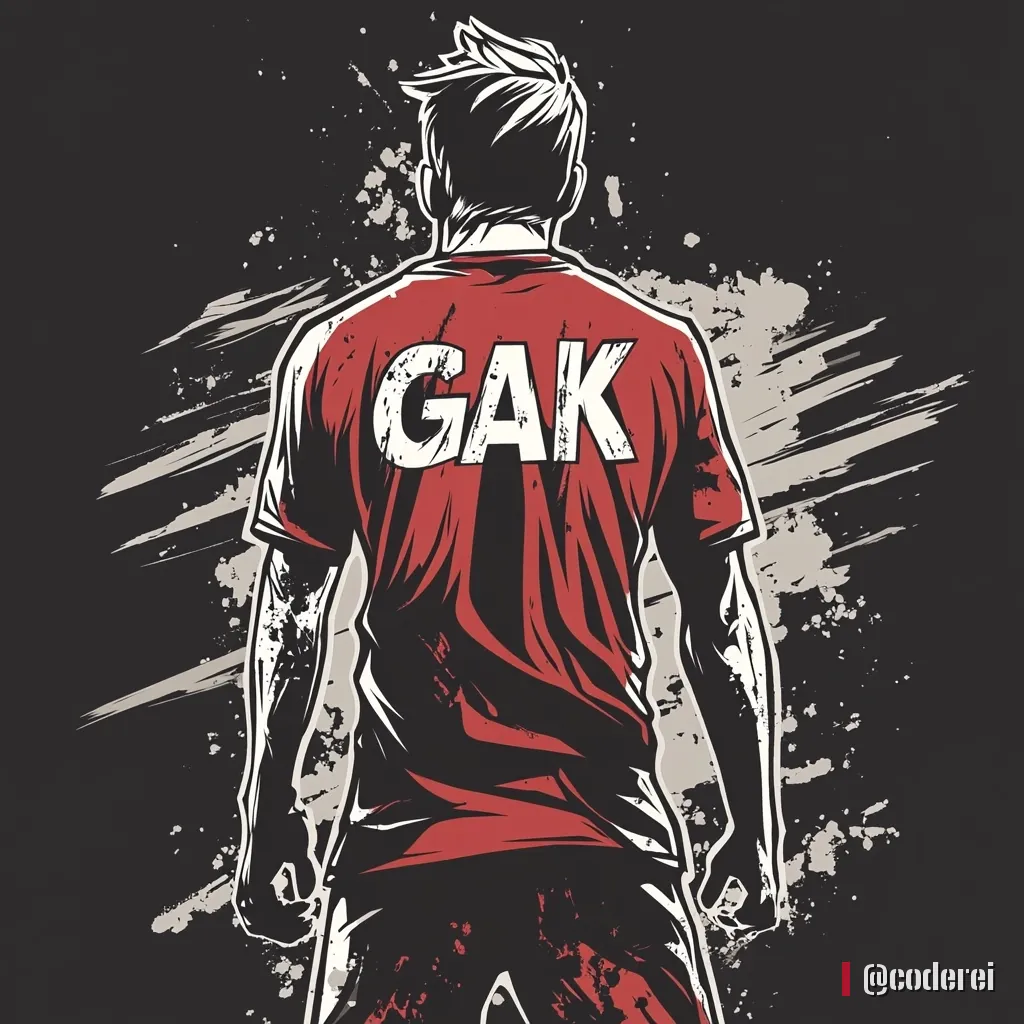 Mann von hinten in rotem Trikot mit weißem „GAK“ vor dunklem Grund mit hellen Farbstrichen.