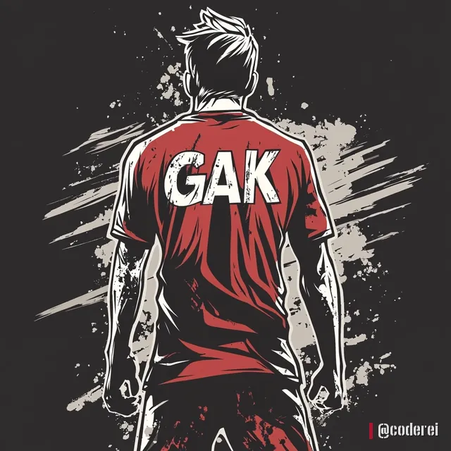 Mann von hinten in rotem Trikot mit weißem „GAK“ vor dunklem Grund mit hellen Farbstrichen.