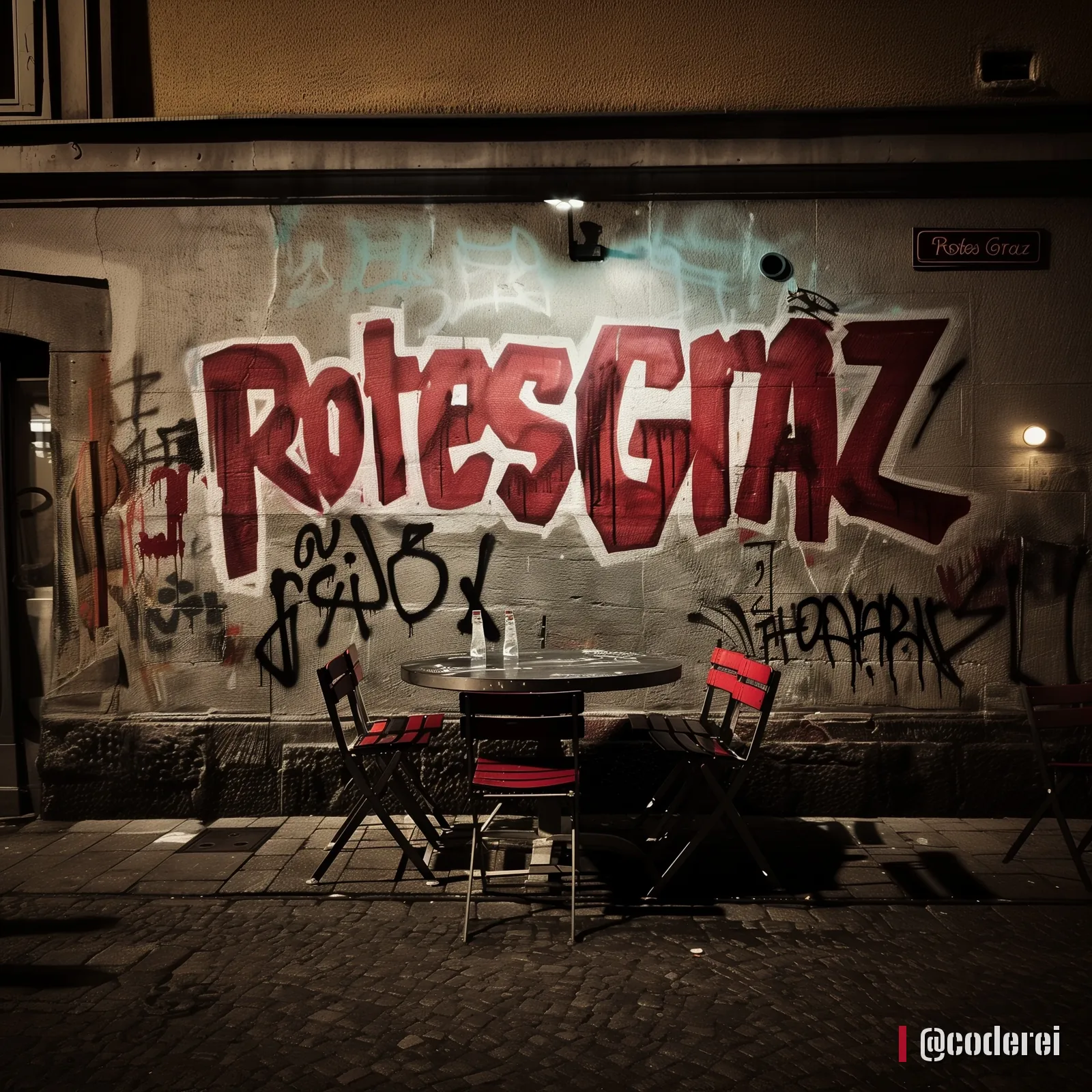 Hauswand mit rotem Graffiti „Rotes Graz“ und Tags, davor Tisch und Stühle eines Lokals, nächtliche Beleuchtung.