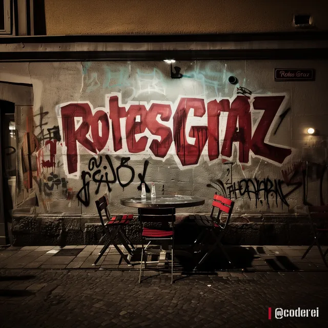 Hauswand mit rotem Graffiti „Rotes Graz“ und Tags, davor Tisch und Stühle eines Lokals, nächtliche Beleuchtung.