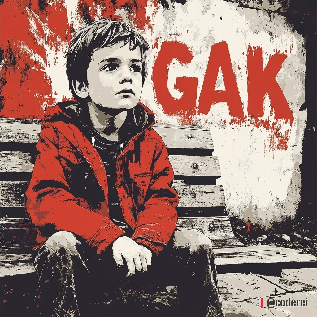 Gemalter Bub in roter Jacke sitzt auf einer Bank, dahinter der rote Schriftzug „GAK“ an der Wand.
