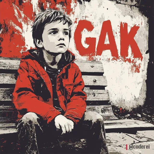 Gemalter Bub in roter Jacke sitzt auf einer Bank, dahinter der rote Schriftzug „GAK“ an der Wand.