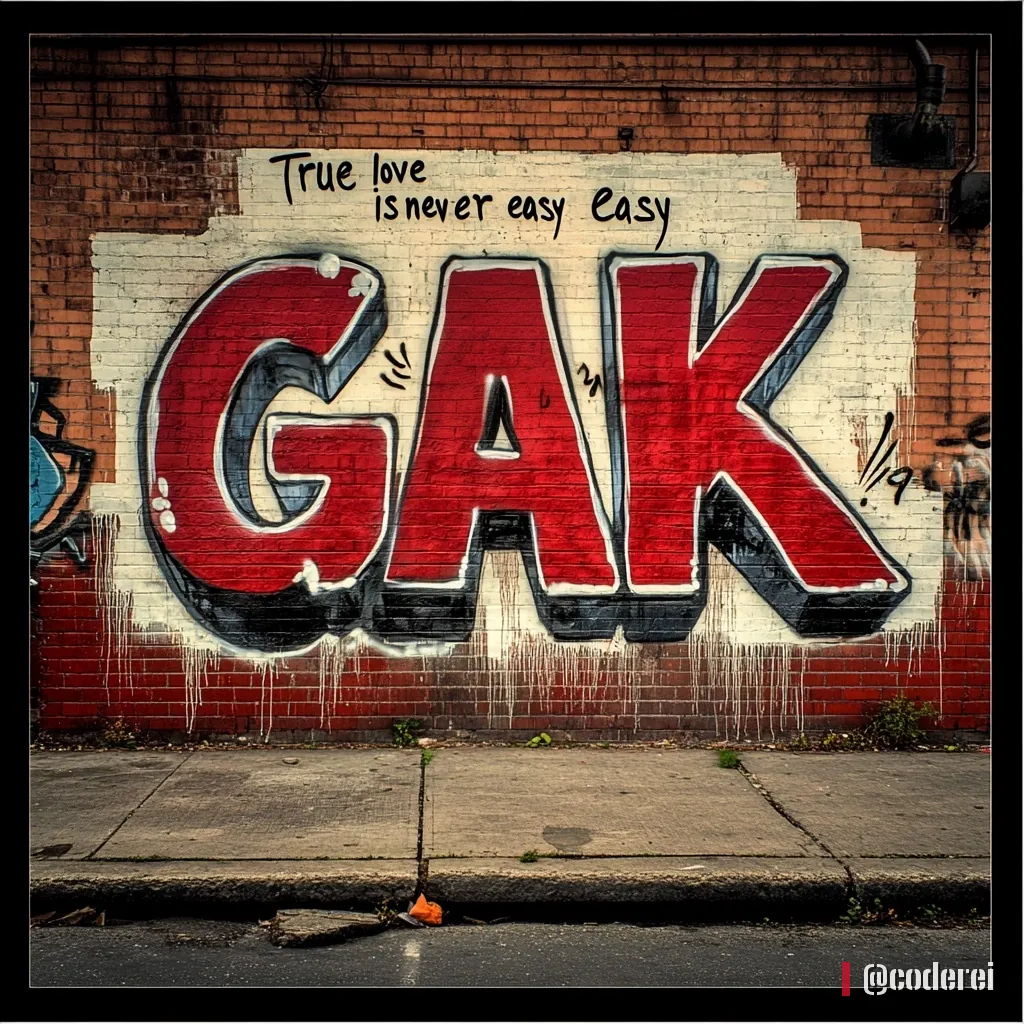 Rot-weißer 3D-Graffiti-Schriftzug „GAK“ mit der Zeile „True love is never easy“ darüber auf einer Ziegelwand.