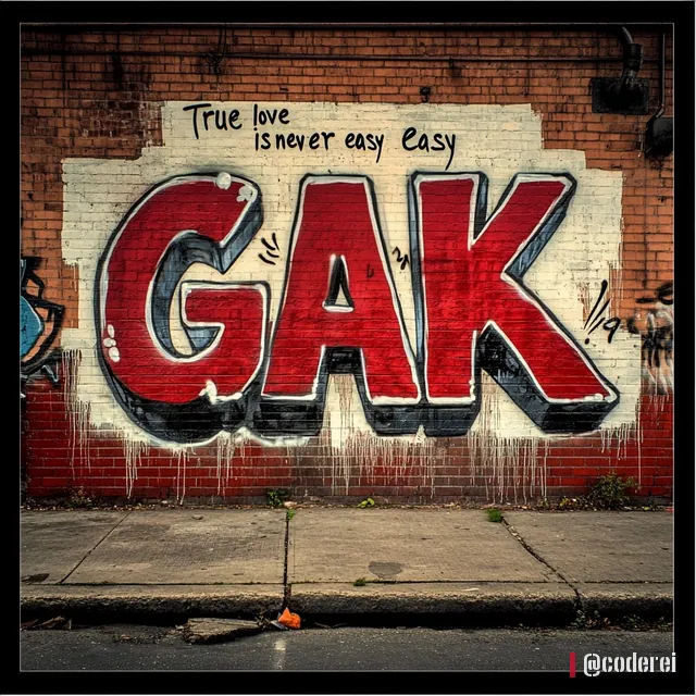 Rot-weißer 3D-Graffiti-Schriftzug „GAK“ mit der Zeile „True love is never easy“ darüber auf einer Ziegelwand.