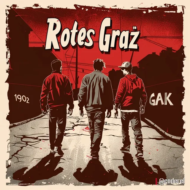 Drei Männer in roten Jacken gehen von hinten eine Straße entlang, oben „Rotes Graz“, an der Wand „1902“ und „GAK“.