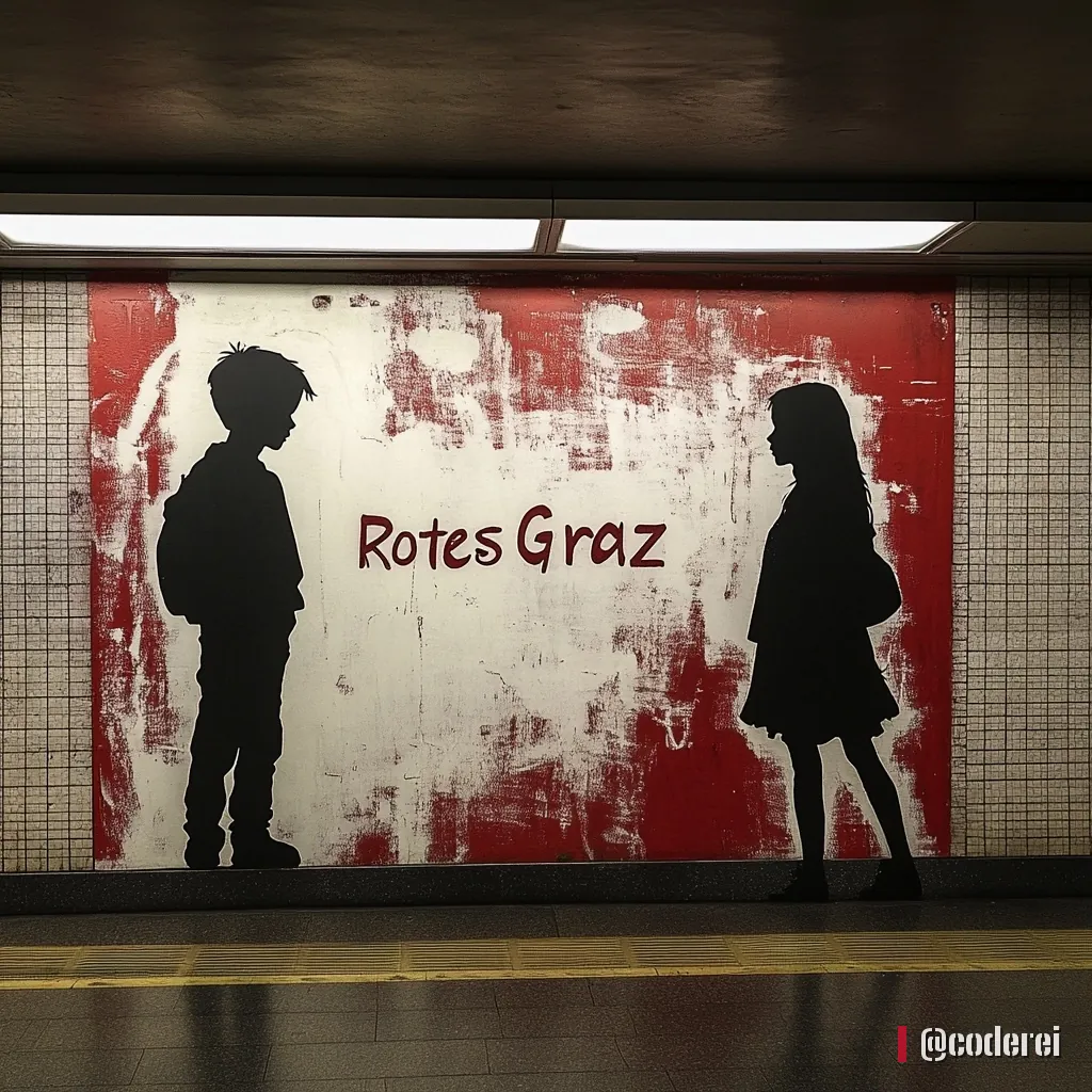 U-Bahn-Station mit roter Graffiti-Wand und dem Schriftzug „Rotes Graz“, davor die Silhouetten eines Buben und eines Mädchens.