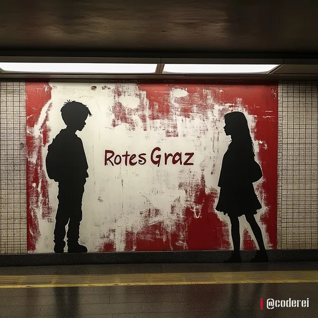 U-Bahn-Station mit roter Graffiti-Wand und dem Schriftzug „Rotes Graz“, davor die Silhouetten eines Buben und eines Mädchens.