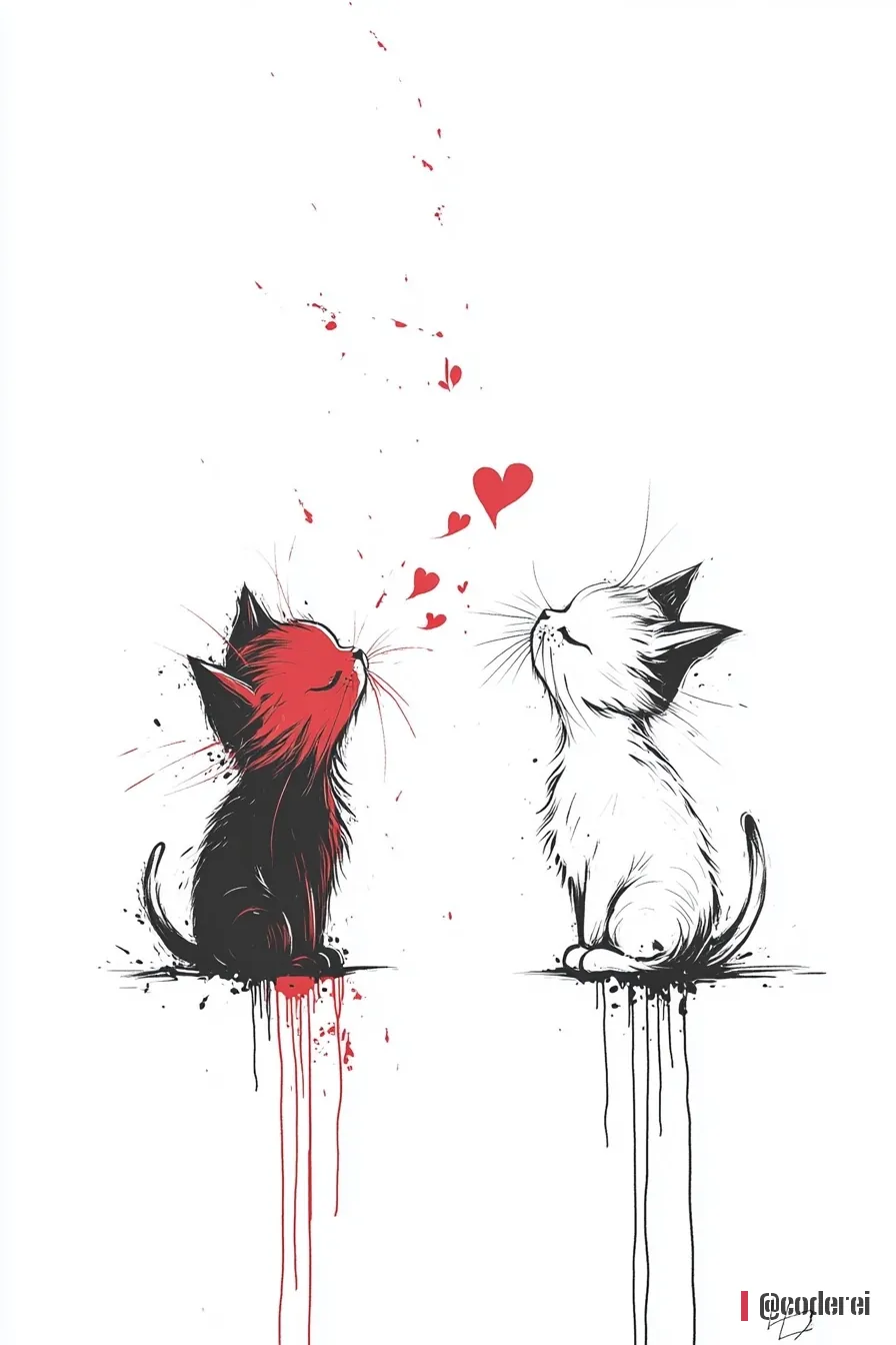 Zwei gezeichnete Katzen, eine rote und eine weiße, sitzen sich gegenüber, über ihnen kleine Herzen.