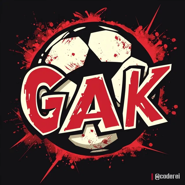 Roter Schriftzug „GAK“ auf einem schwarz-weißen Fußball, umgeben von roten Spritzern auf Schwarz.