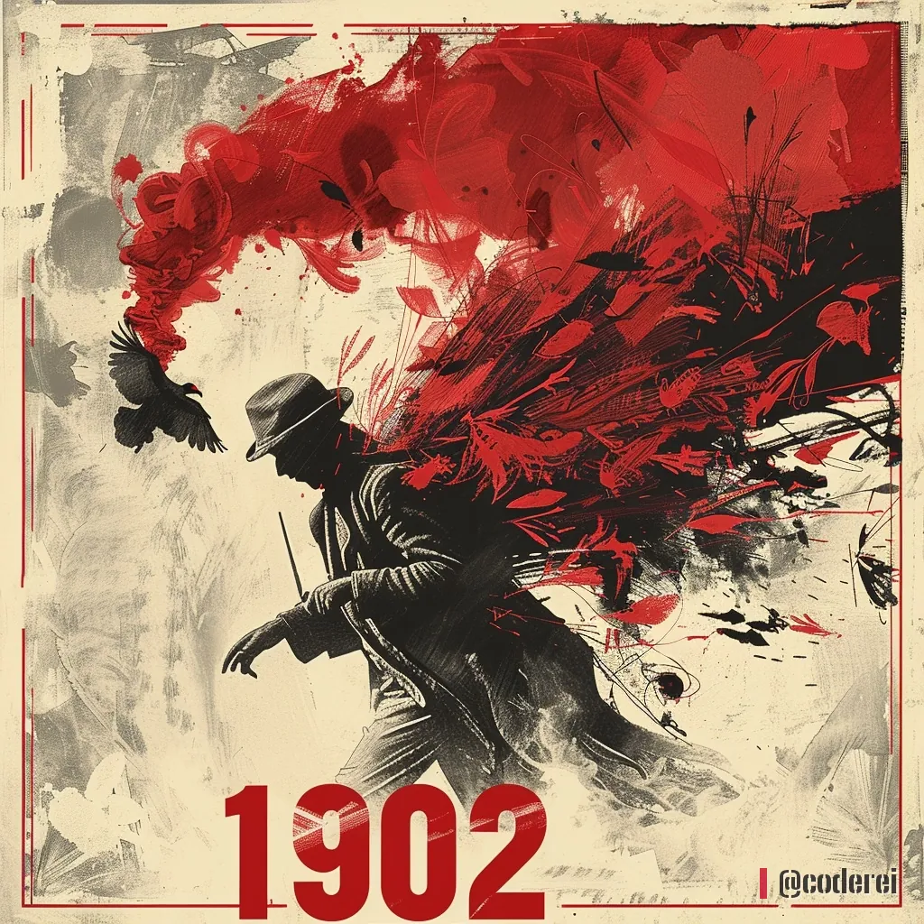 Grafik in Rot und Schwarz: eine Gestalt mit Hut, aus der rote Federn oder Flammen schlagen, darunter „1902“ in roten Ziffern.