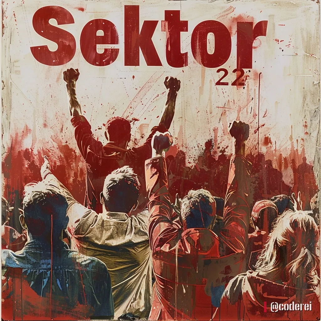 Rote Plakatgrafik: Fans mit erhobenen Armen von hinten, oben „Sektor 22“, am Rand rote Farbflecken.