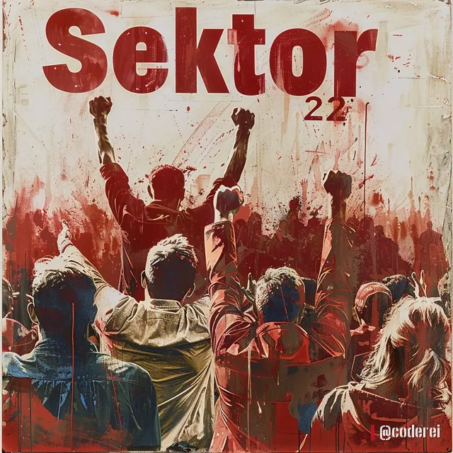 Rote Plakatgrafik: Fans mit erhobenen Armen von hinten, oben „Sektor 22“, am Rand rote Farbflecken.