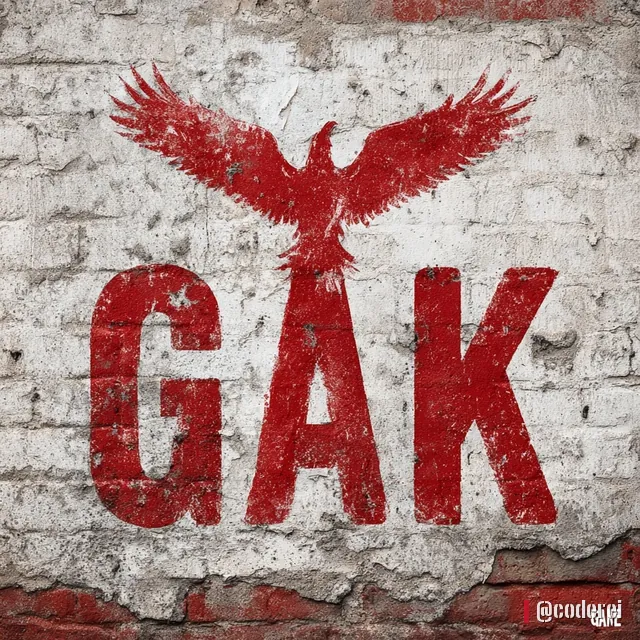 Roter Vogel mit gespreizten Flügeln über dem großen roten Schriftzug „GAK“ auf weißer, abgeblätterter Ziegelwand.