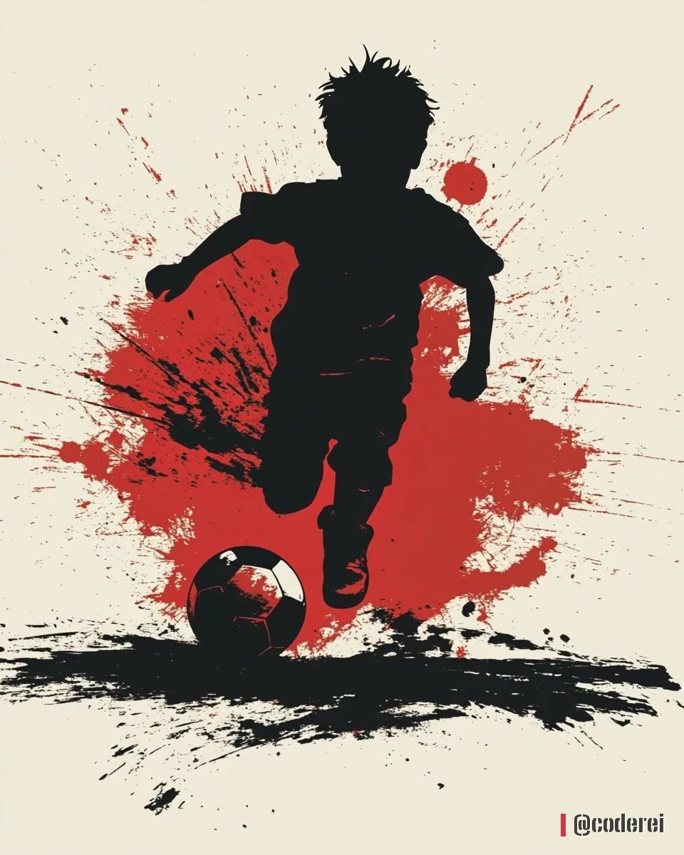 Schwarze Silhouette eines Buben, der einen Ball tritt, vor einer roten Farbfläche mit Spritzern.