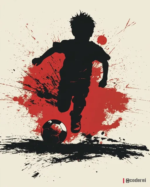 Schwarze Silhouette eines Buben, der einen Ball tritt, vor einer roten Farbfläche mit Spritzern.