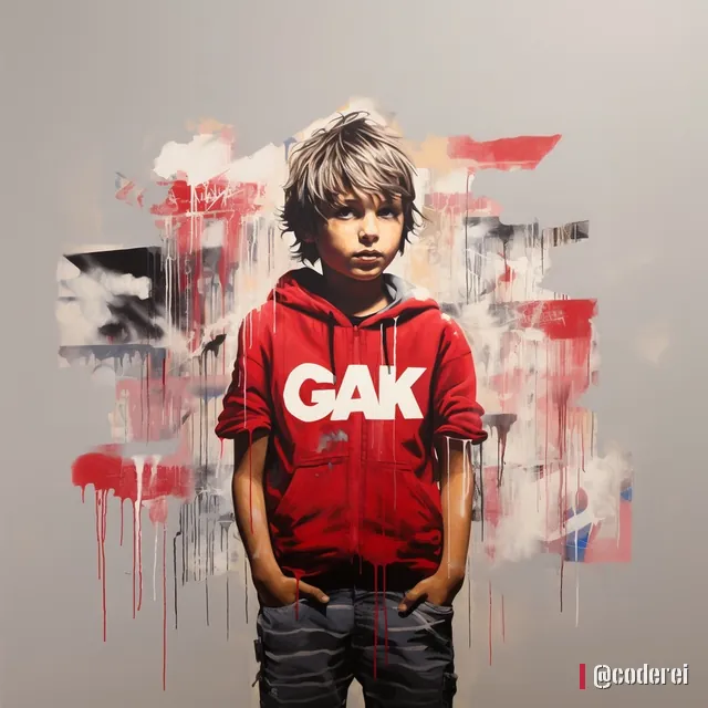 Junge mit hellen Haaren in rotem Hoodie mit „GAK“ steht mit den Händen in den Hosentaschen vor einer hellen Wand mit Farbspuren.