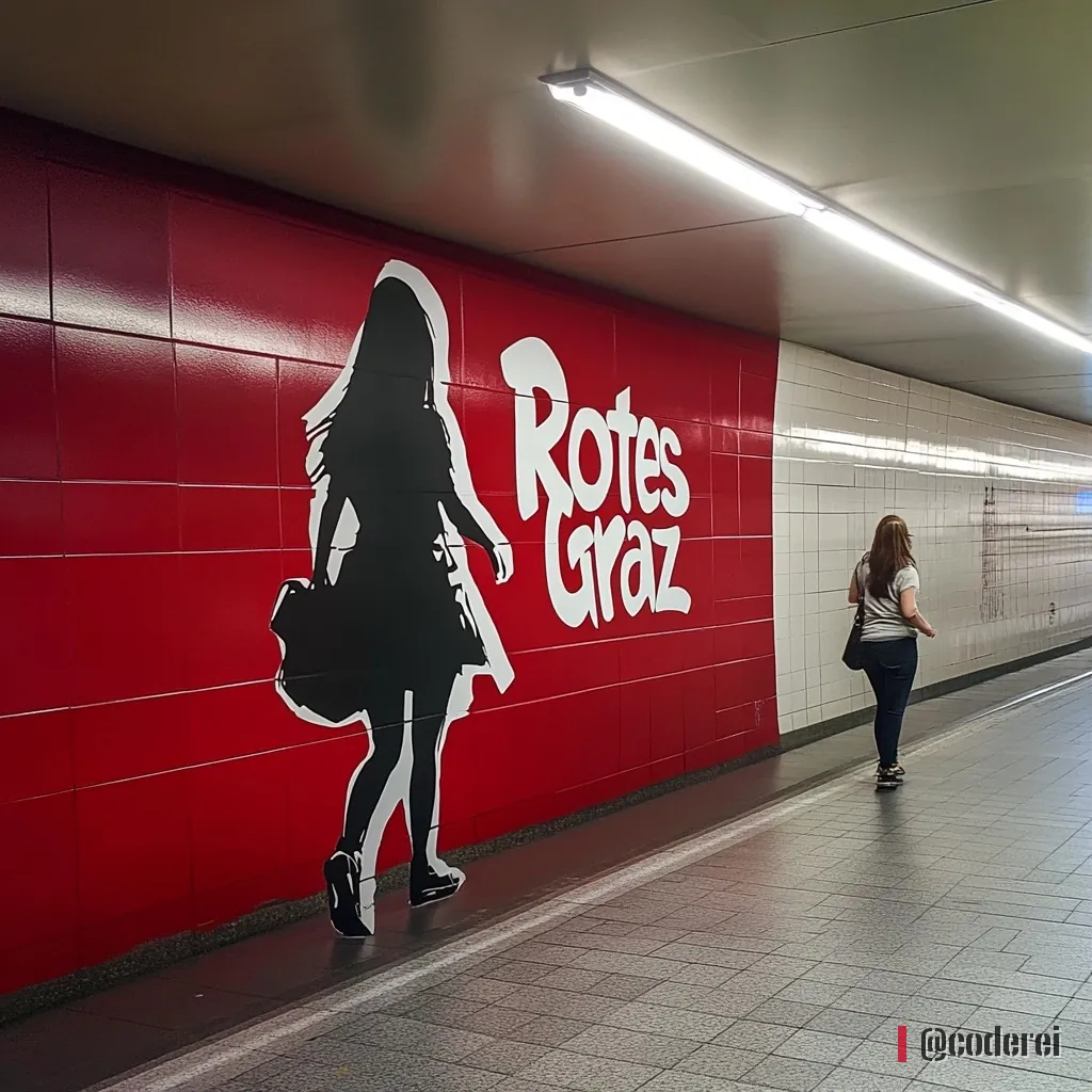 Unterführung mit roter Wand, darauf die weiße Silhouette einer Frau mit Tasche und der Schriftzug „Rotes Graz“, rechts geht eine Passantin.