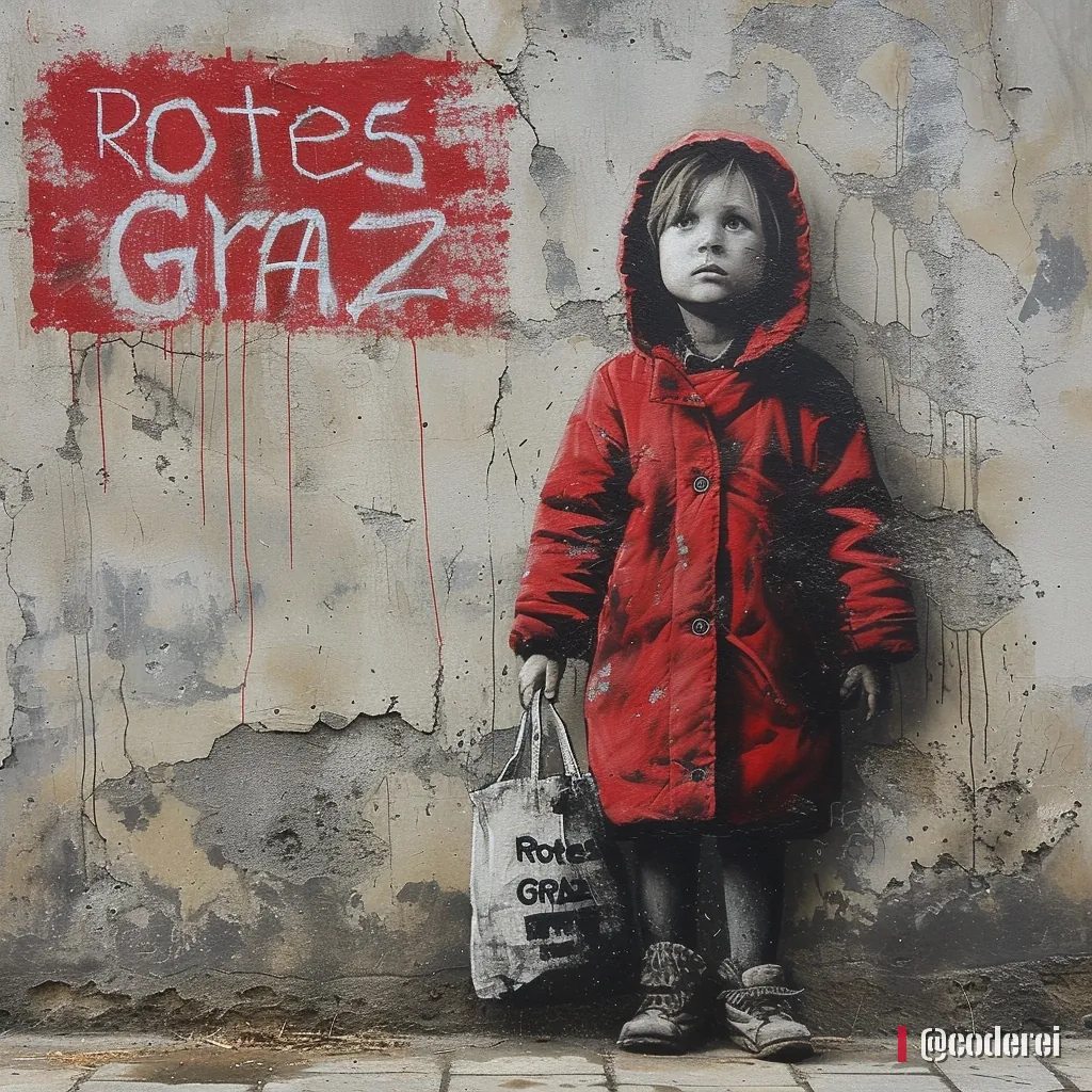 Gemaltes Mädchen in roter Jacke mit Stofftasche steht vor einer Wand mit „Rotes Graz“ in roter Schrift.