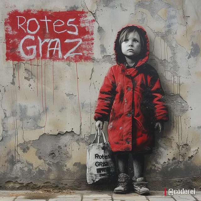 Gemaltes Mädchen in roter Jacke mit Stofftasche steht vor einer Wand mit „Rotes Graz“ in roter Schrift.