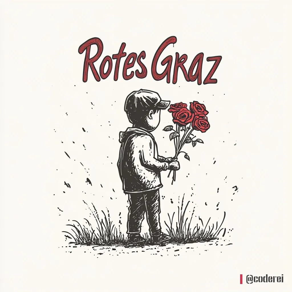 Zeichnung eines Buben mit Kappe, der einen Strauß roter Rosen hält, über ihm der Schriftzug „Rotes Graz“, im Gras stehend.
