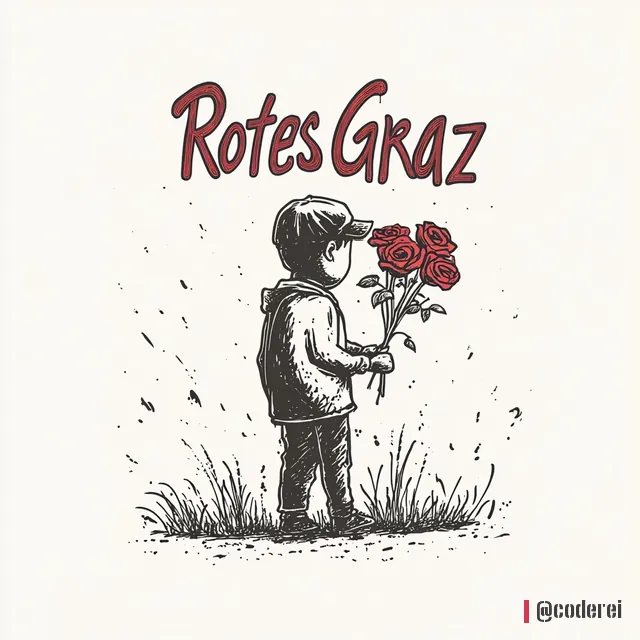 Zeichnung eines Buben mit Kappe, der einen Strauß roter Rosen hält, über ihm der Schriftzug „Rotes Graz“, im Gras stehend.