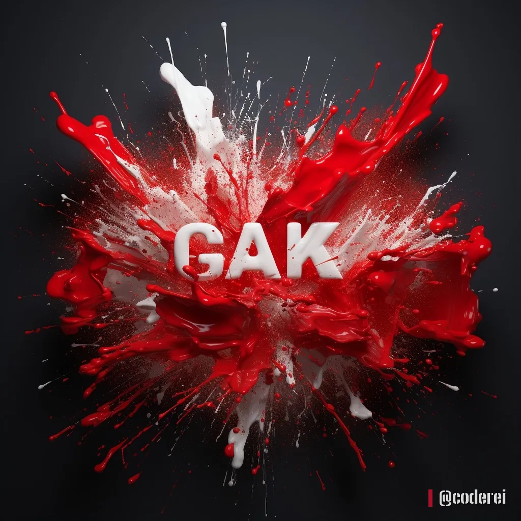 Weißer Schriftzug „GAK“ in einer roten Farbexplosion mit weißen Spritzern auf schwarzem Grund.