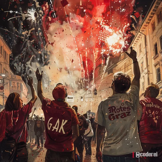 Fans in roten Shirts, eines mit „GAK“, andere mit „Rotes Graz“, blicken auf ein rotes Feuerwerk über einer Altstadtgasse.