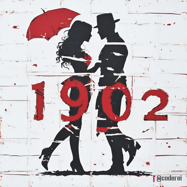 Silhouetten eines tanzenden Paares unter einem roten Schirm, davor in großen roten Ziffern „1902“, auf weißer Ziegelwand.