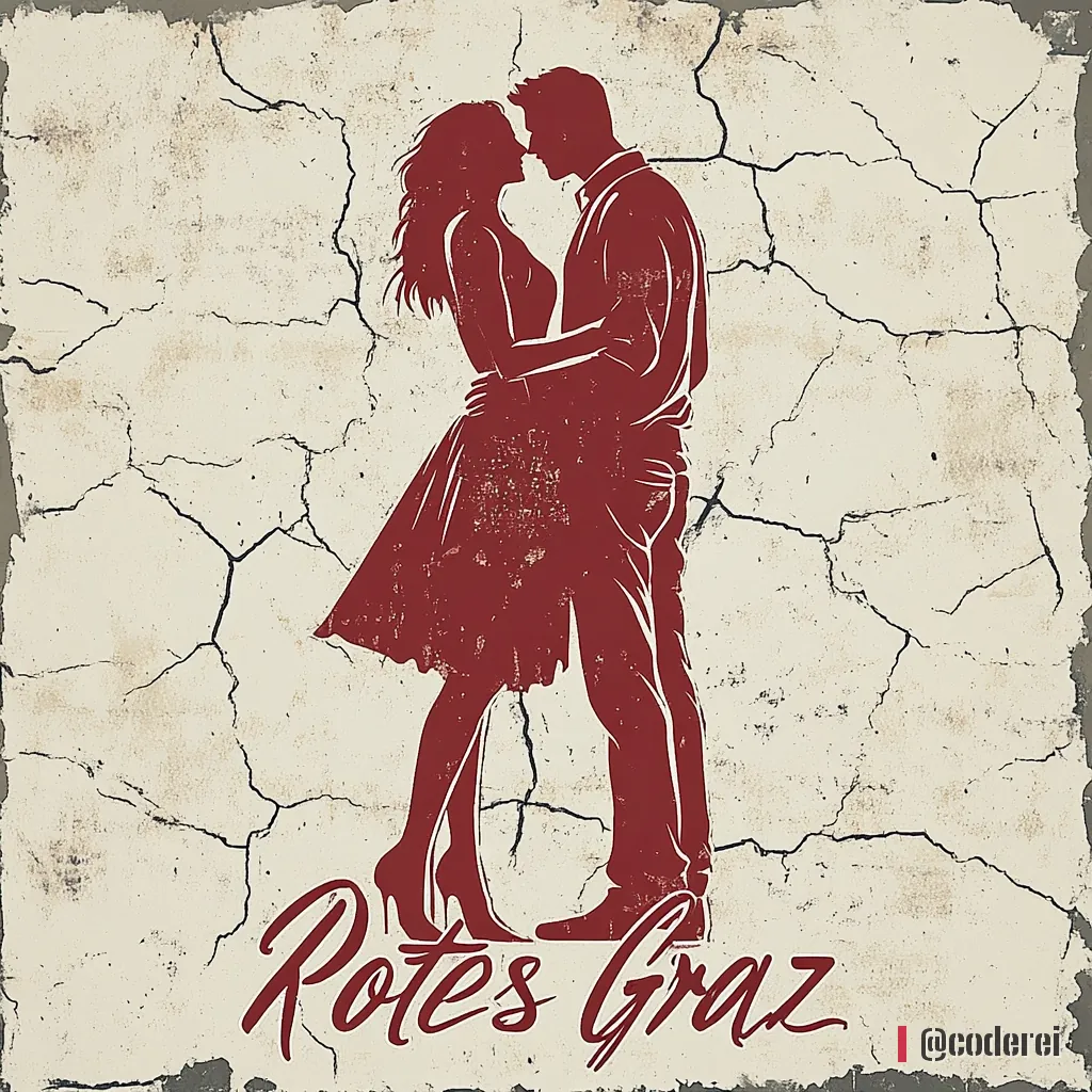 Rotbraune Silhouette eines küssenden Paares vor einer rissigen, cremefarbenen Wand, unten „Rotes Graz“ in Schreibschrift.