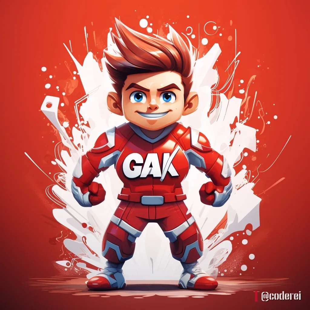 Comic-Superheld in rotem Anzug mit „GAK“ auf der Brust, mit Fäusten in Kampfhaltung, vor rotem Grund mit weißen Spritzern.
