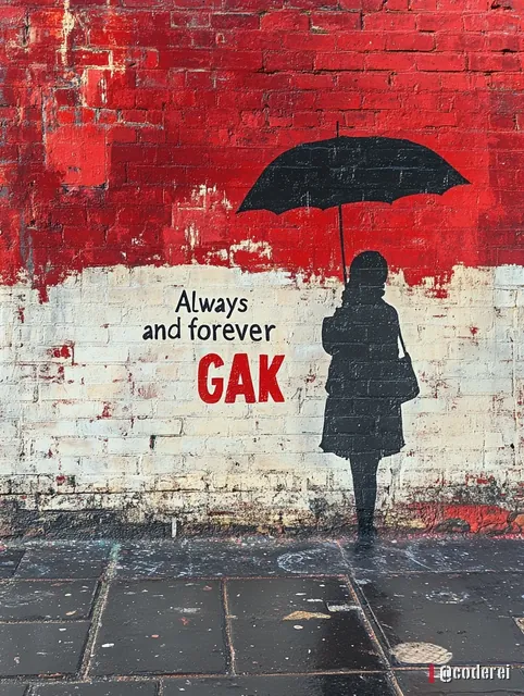 Silhouette einer Frau mit Schirm vor einer roten und weißen Ziegelwand, daneben „Always and forever GAK“.