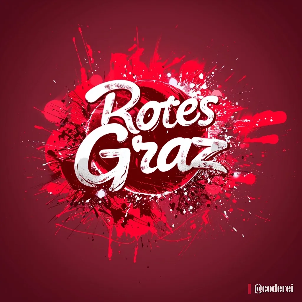 Weißer, geschwungener Schriftzug „Rotes Graz“ in einer roten Farbexplosion vor dunkelrotem Grund.