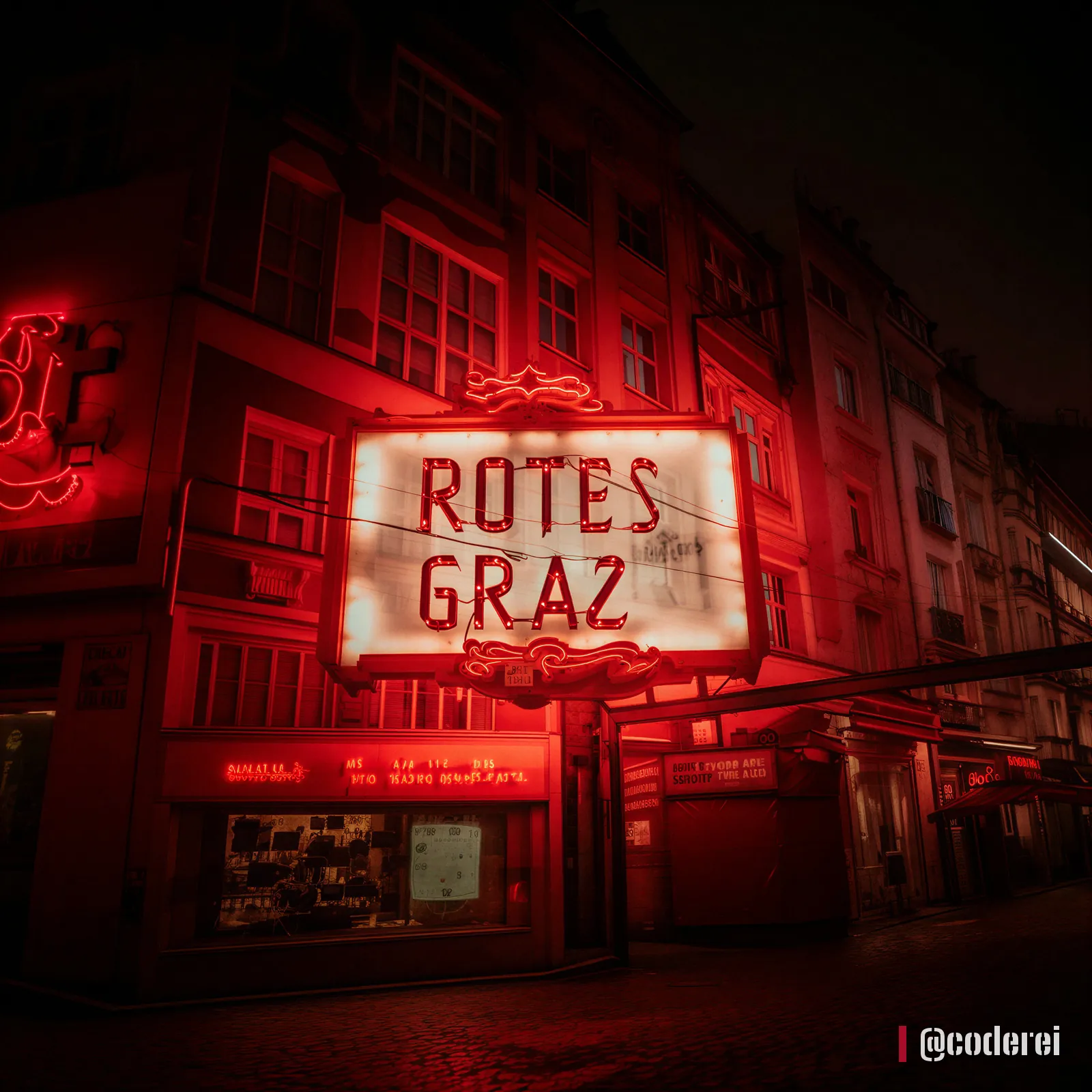 Leuchtreklame „Rotes Graz“ über dem Eingang eines Hauses bei Nacht, alles in rotes Licht getaucht.