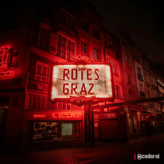 Leuchtreklame „Rotes Graz“ über dem Eingang eines Hauses bei Nacht, alles in rotes Licht getaucht.