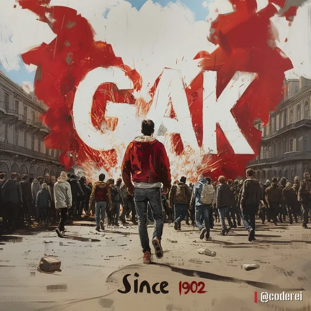 Mann in roter Jacke geht von hinten auf eine Menschenmenge zu, über der Szene der große Schriftzug „GAK“ in weißen und roten Farbspritzern, unten „Since 1902“.