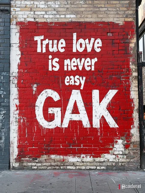 Rote Wandfläche mit dem weißen Schriftzug „True love is never easy GAK“ an einer Ziegelmauer.