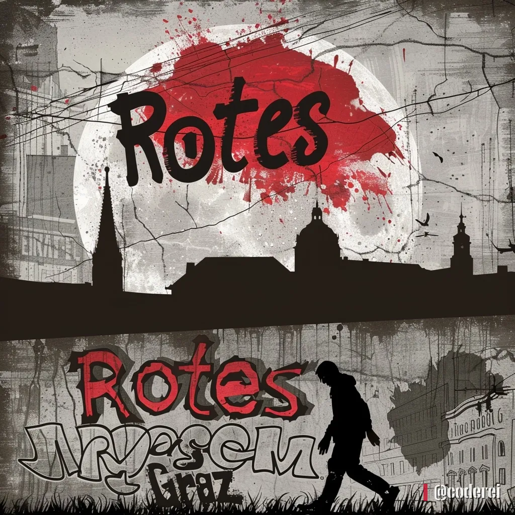 Roter Mond hinter der Silhouette einer Stadt, schwarzer Schriftzug „Rotes“ und darunter ein Mann beim Gehen, daneben unleserliche Schrift.