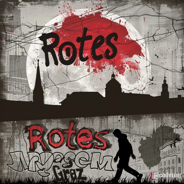 Roter Mond hinter der Silhouette einer Stadt, schwarzer Schriftzug „Rotes“ und darunter ein Mann beim Gehen, daneben unleserliche Schrift.