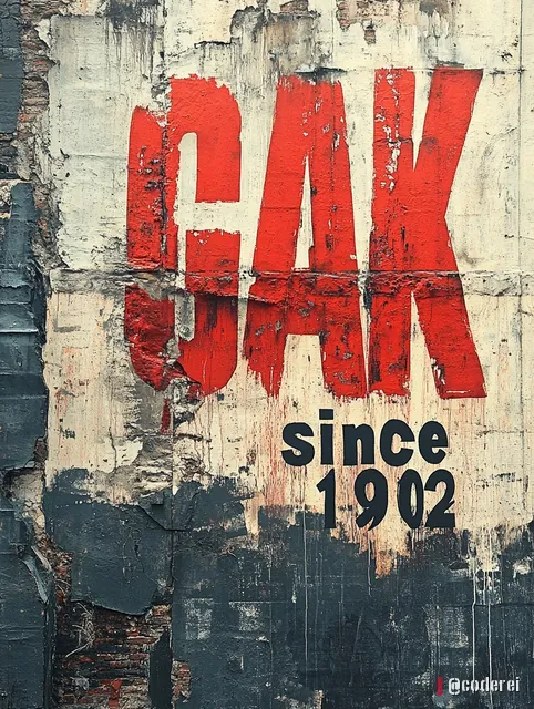 Rot-schwarzer Schriftzug „GAK“ mit „since 1902“ auf einer stark verwitterten, abgeblätterten Wand.