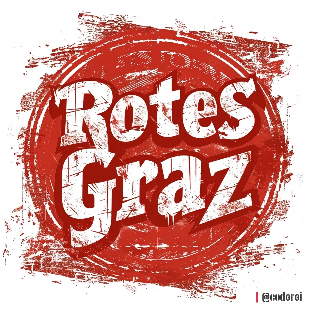 Roter, runder Stempel mit dem weißen Schriftzug „Rotes Graz“ im körnigen Druck.